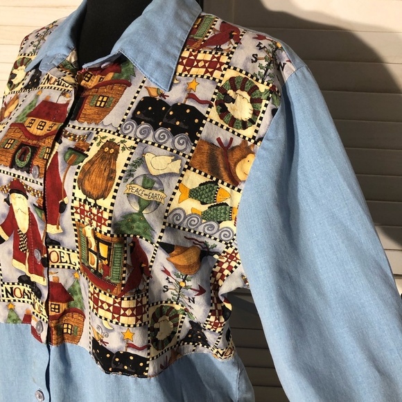 Vintage 90s Cascade Blues Christmas Patchwork Shirt Blue Medium - Picture 6 of 10
